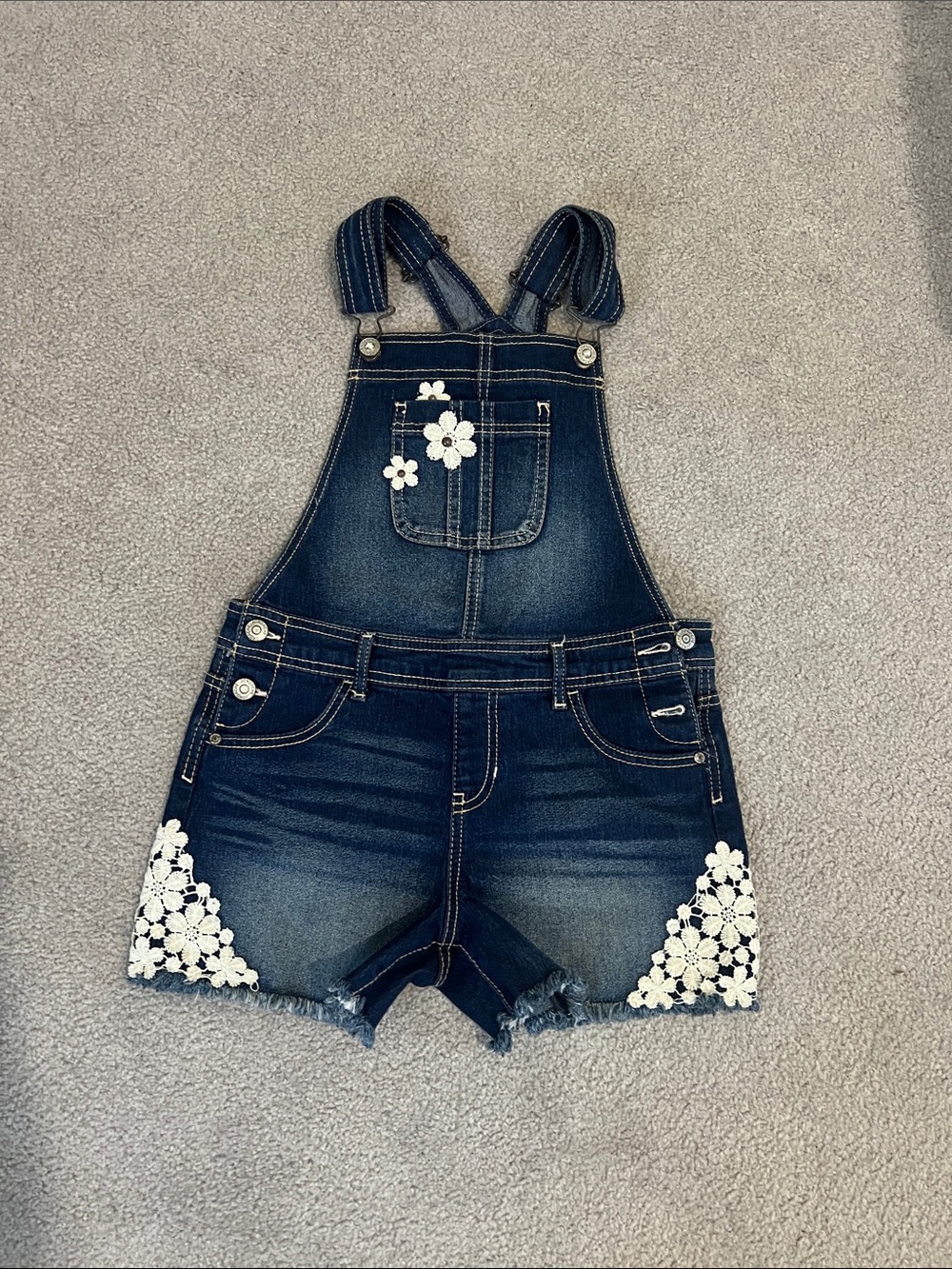 Jordache Dark Blue Denim Short Overalls with White Floral Appliqué